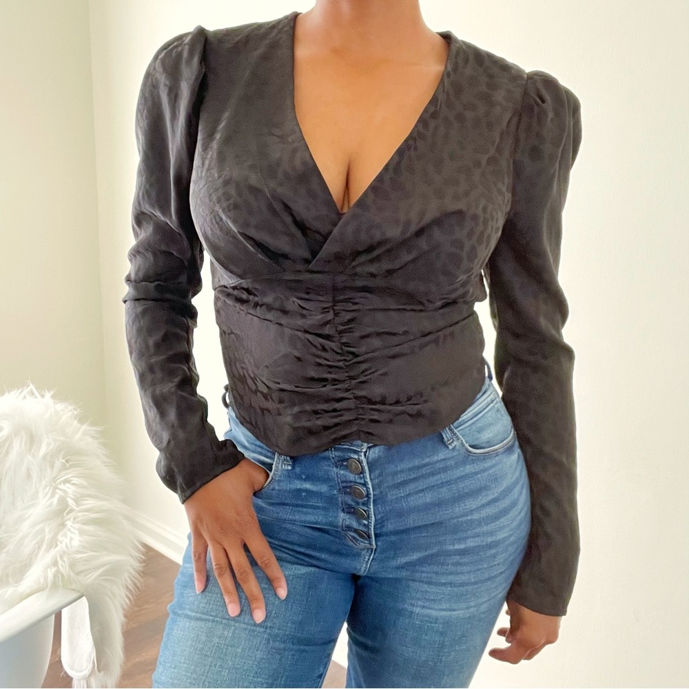 Wayf Black Leopard Print Puff Sleeve Blouse Size Small